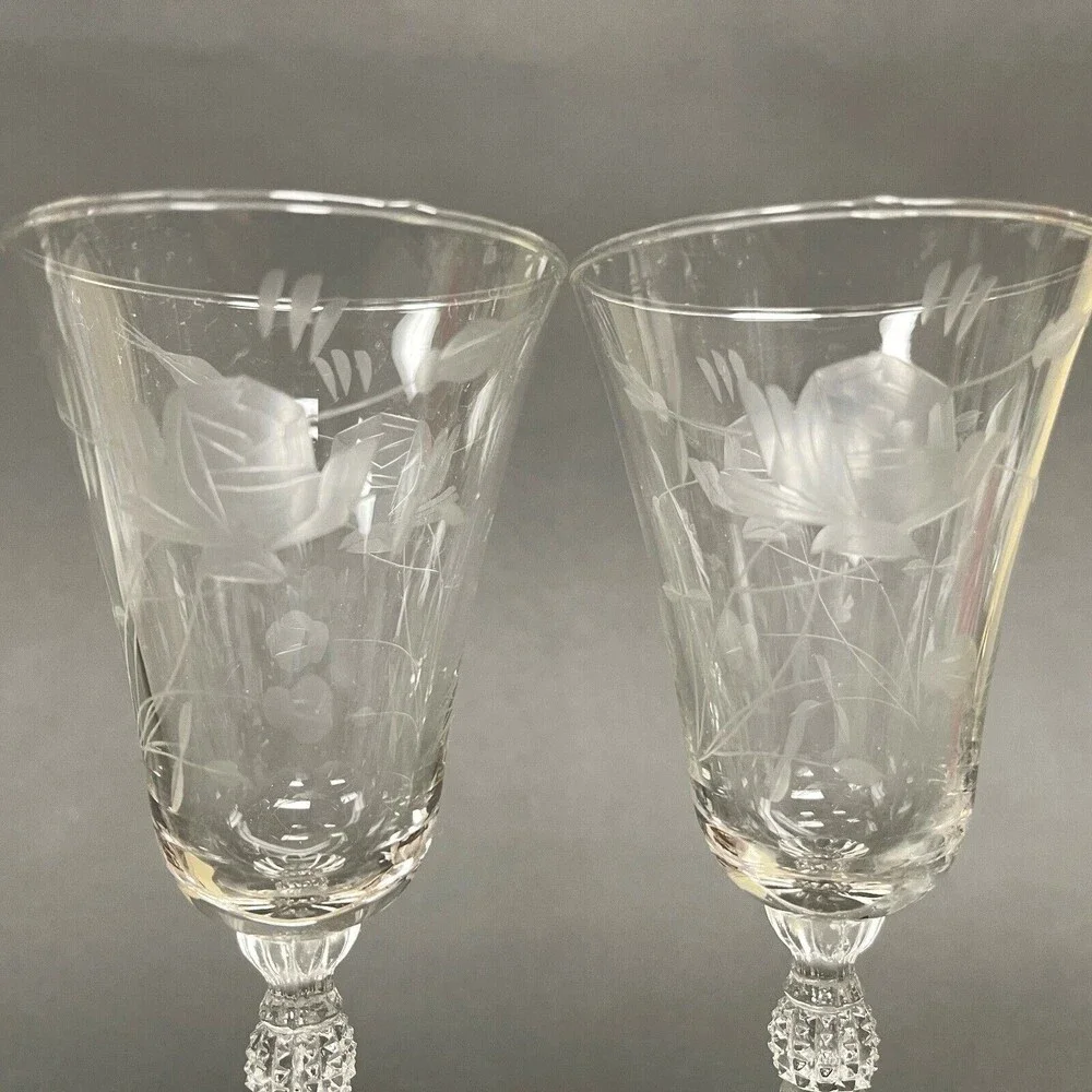 Wine Glasses Clear Glass Etched Roses Flowers Stemmed‎ 7